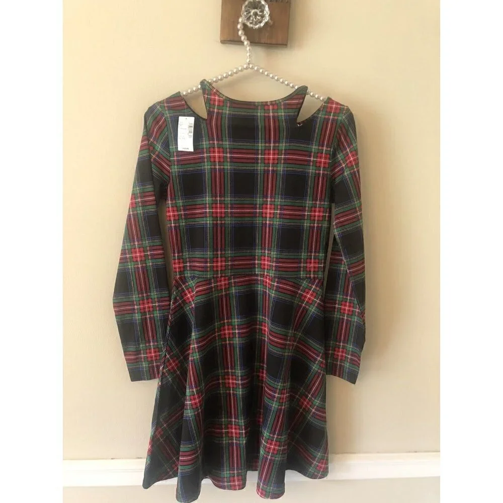 NWT The Childrens Place Girls XL Dress Black Plaid Cold Shoulder Long Sleeve